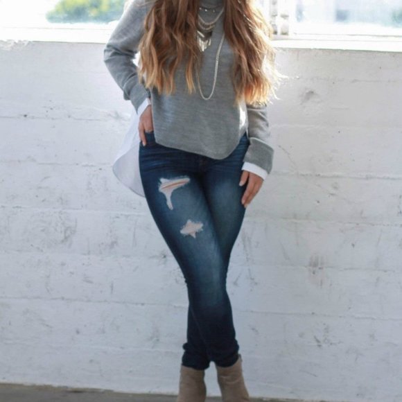 Grey White Layered Mock Neck Sweatshirt - Picture 3 of 7